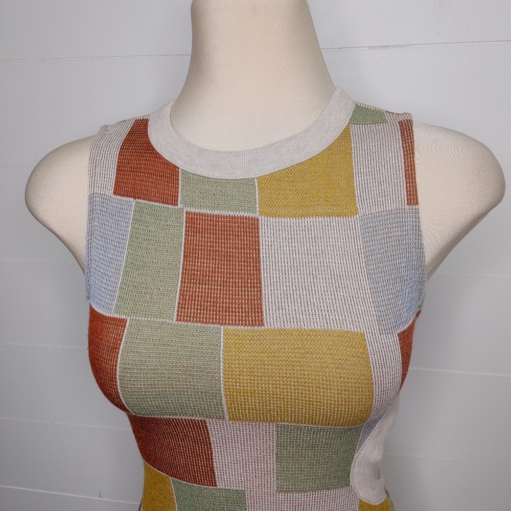 Zara Multicolor Patchwork Cutout Mini Dress — Sage, Mustard, Rust, Sky - Picture 6 of 16
